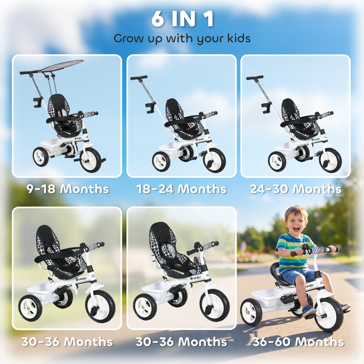 6 in 1 Kids Tricycle with Removable Handlebar and Canopy, Navy-Toys & Games > Baby & Toddler Toys > Riding & Rocking Toys > Tricycles for Kids-DECOROLALA