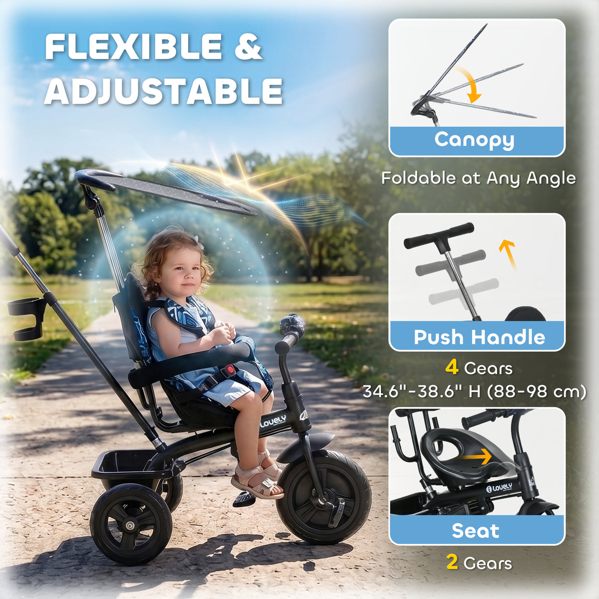 6 in 1 Kids Tricycle with Removable Handlebar and Canopy, Navy-Toys & Games > Baby & Toddler Toys > Riding & Rocking Toys > Tricycles for Kids-DECOROLALA