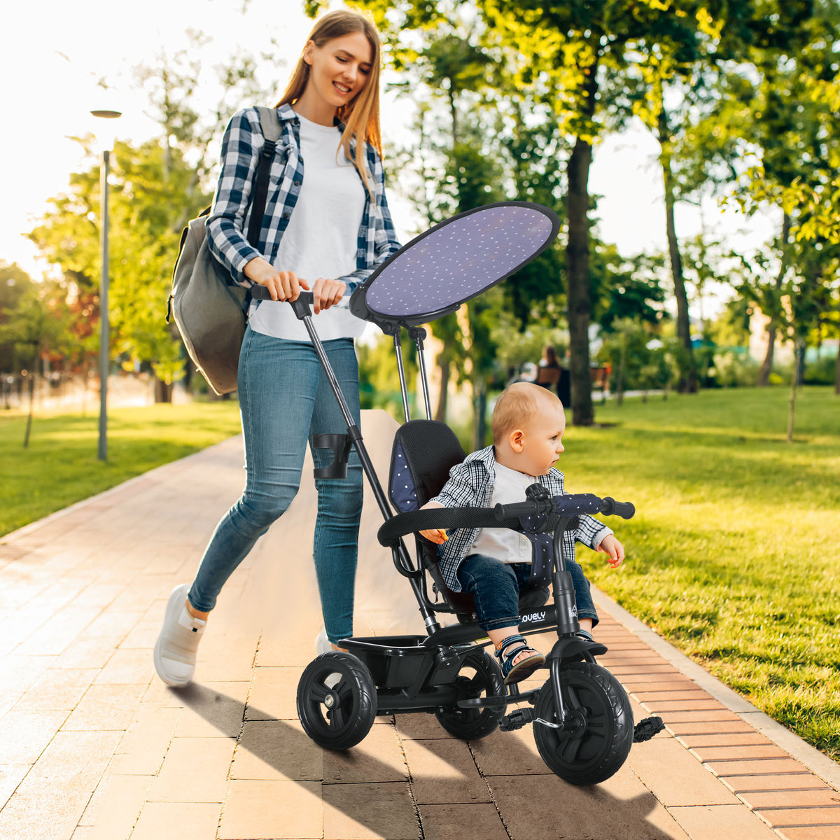 6 in 1 Kids Tricycle with Removable Handlebar and Canopy, Navy-Toys & Games > Baby & Toddler Toys > Riding & Rocking Toys > Tricycles for Kids-DECOROLALA