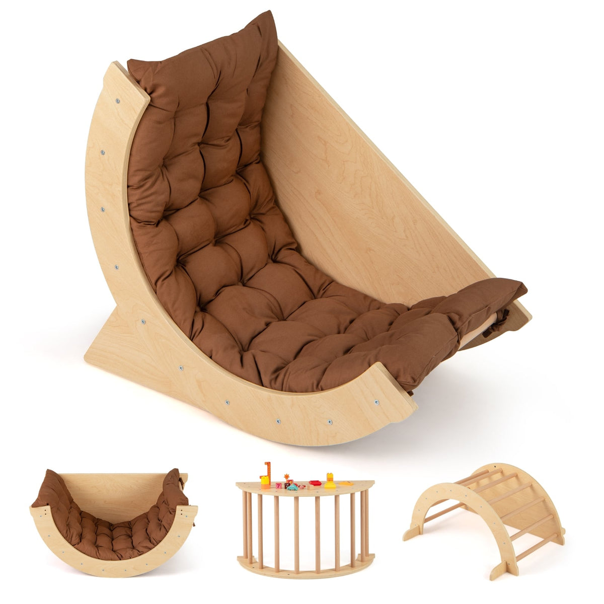 6-in-1 Montessori Climbing Arch and Rocker with Cushion - Solid Wood-Climbers & Slides-DECOROLALA