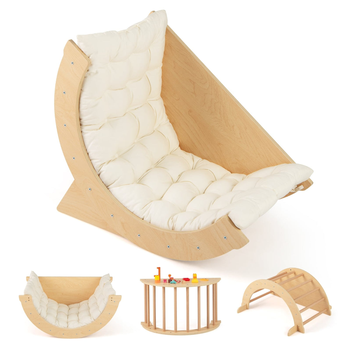 6-in-1 Montessori Climbing Arch and Rocker with Cushion - Solid Wood-Climbers & Slides-DECOROLALA