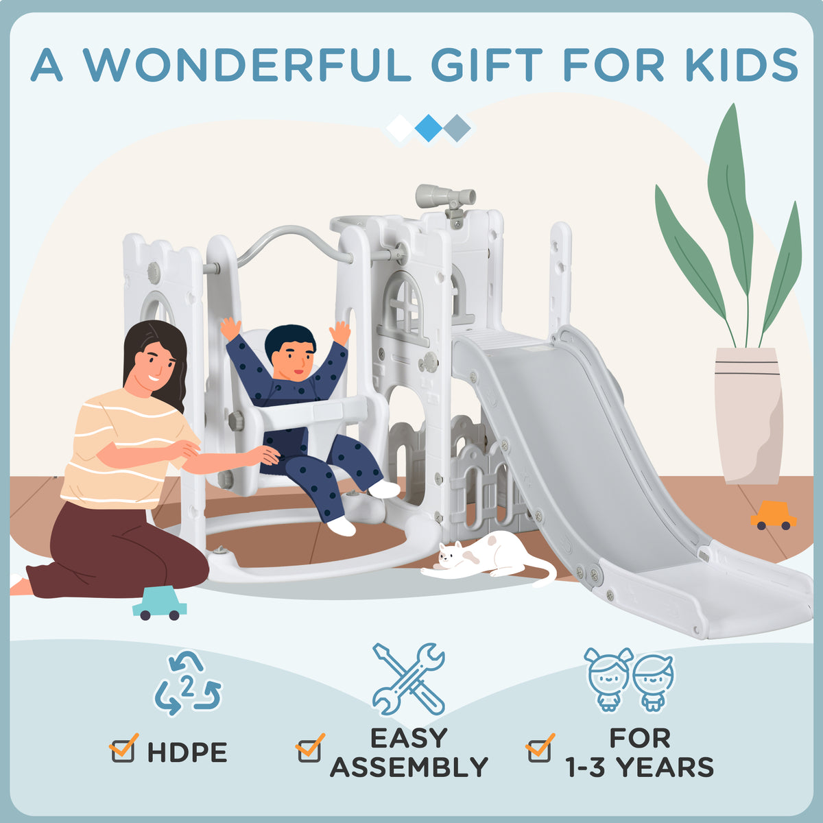 6-in-1 Toddler Slide and Swing Set - White, Indoor/Outdoor-Toys & Games > Kids Outdoor Play > Gym Sets & Swings-DECOROLALA