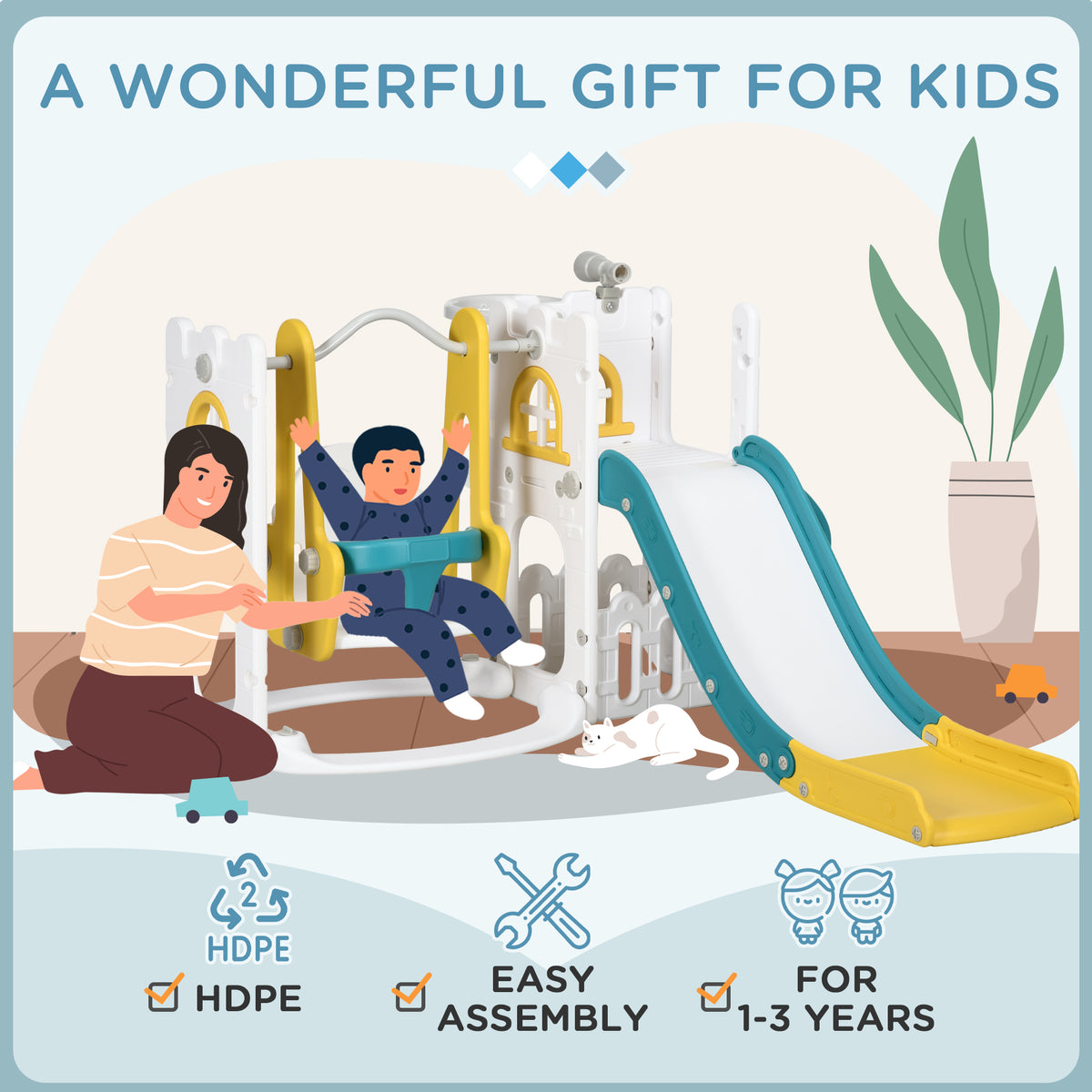 6-in-1 Toddler Slide and Swing Set - White, Indoor/Outdoor-Toys & Games > Kids Outdoor Play > Gym Sets & Swings-DECOROLALA