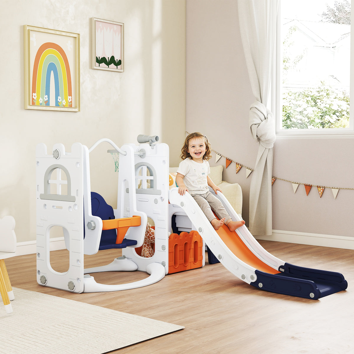 6-in-1 Toddler Slide and Swing Set - White, Indoor/Outdoor-Toys & Games > Kids Outdoor Play > Gym Sets & Swings-DECOROLALA