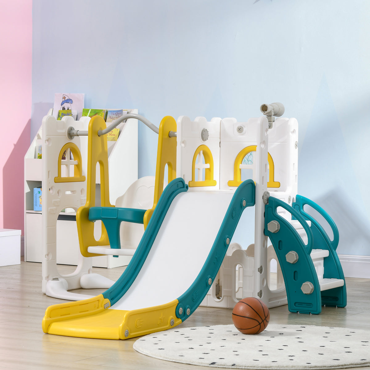 6-in-1 Toddler Slide and Swing Set - White, Indoor/Outdoor-Toys & Games > Kids Outdoor Play > Gym Sets & Swings-DECOROLALA