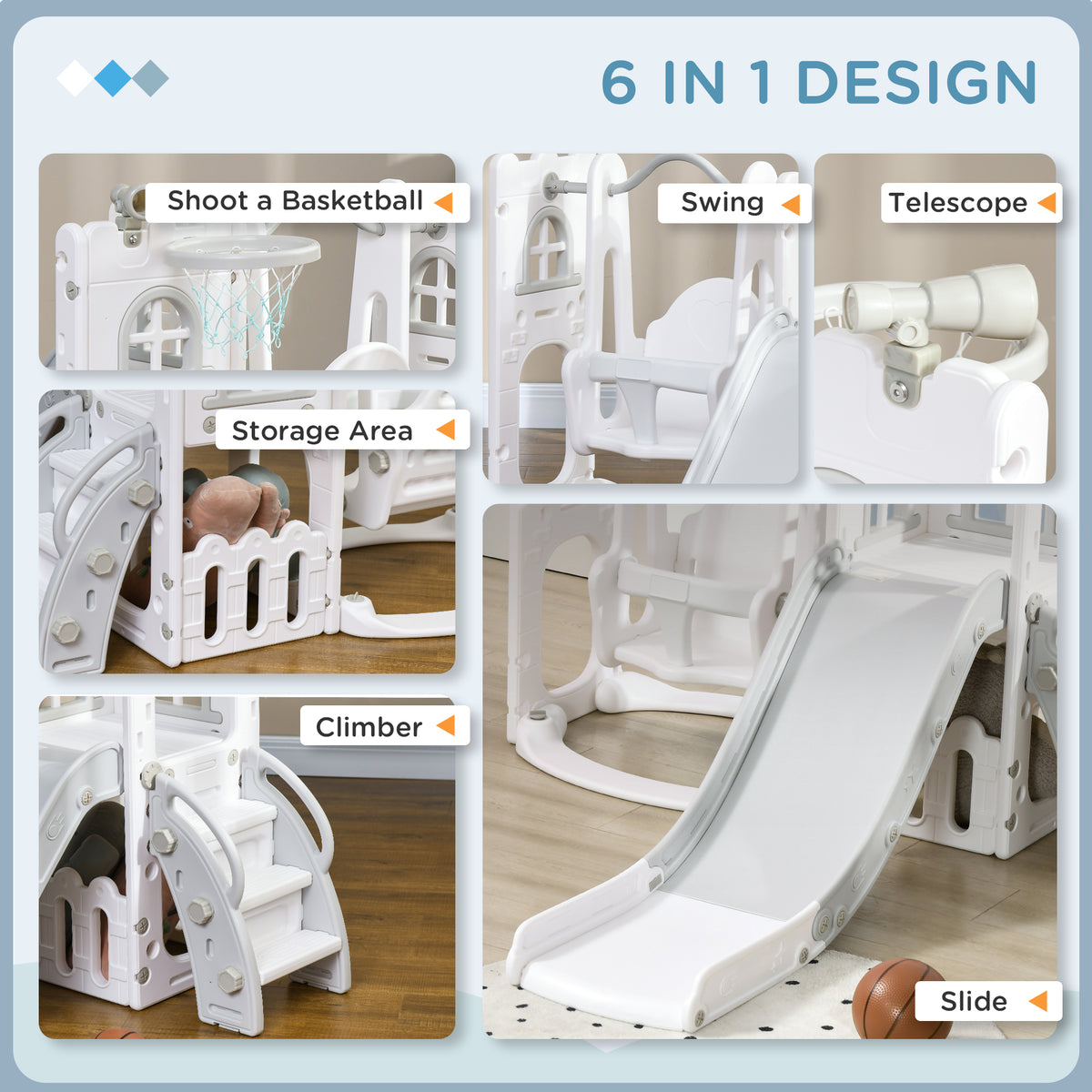 6-in-1 Toddler Slide and Swing Set - White, Indoor/Outdoor-Toys & Games > Kids Outdoor Play > Gym Sets & Swings-DECOROLALA