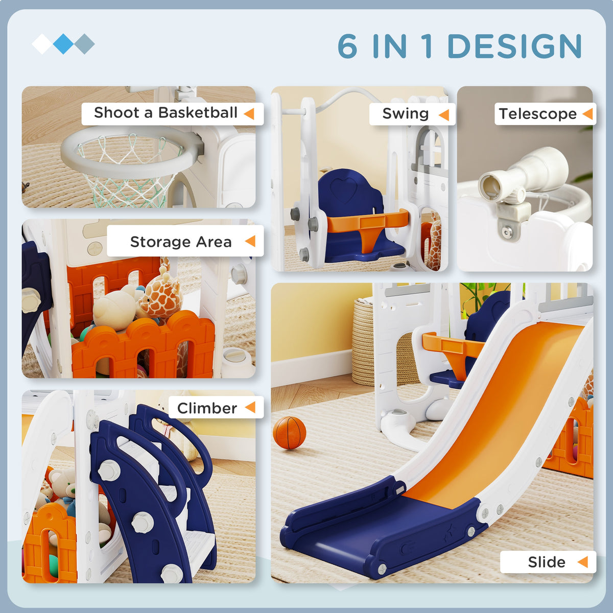 6-in-1 Toddler Slide and Swing Set - White, Indoor/Outdoor-Toys & Games > Kids Outdoor Play > Gym Sets & Swings-DECOROLALA