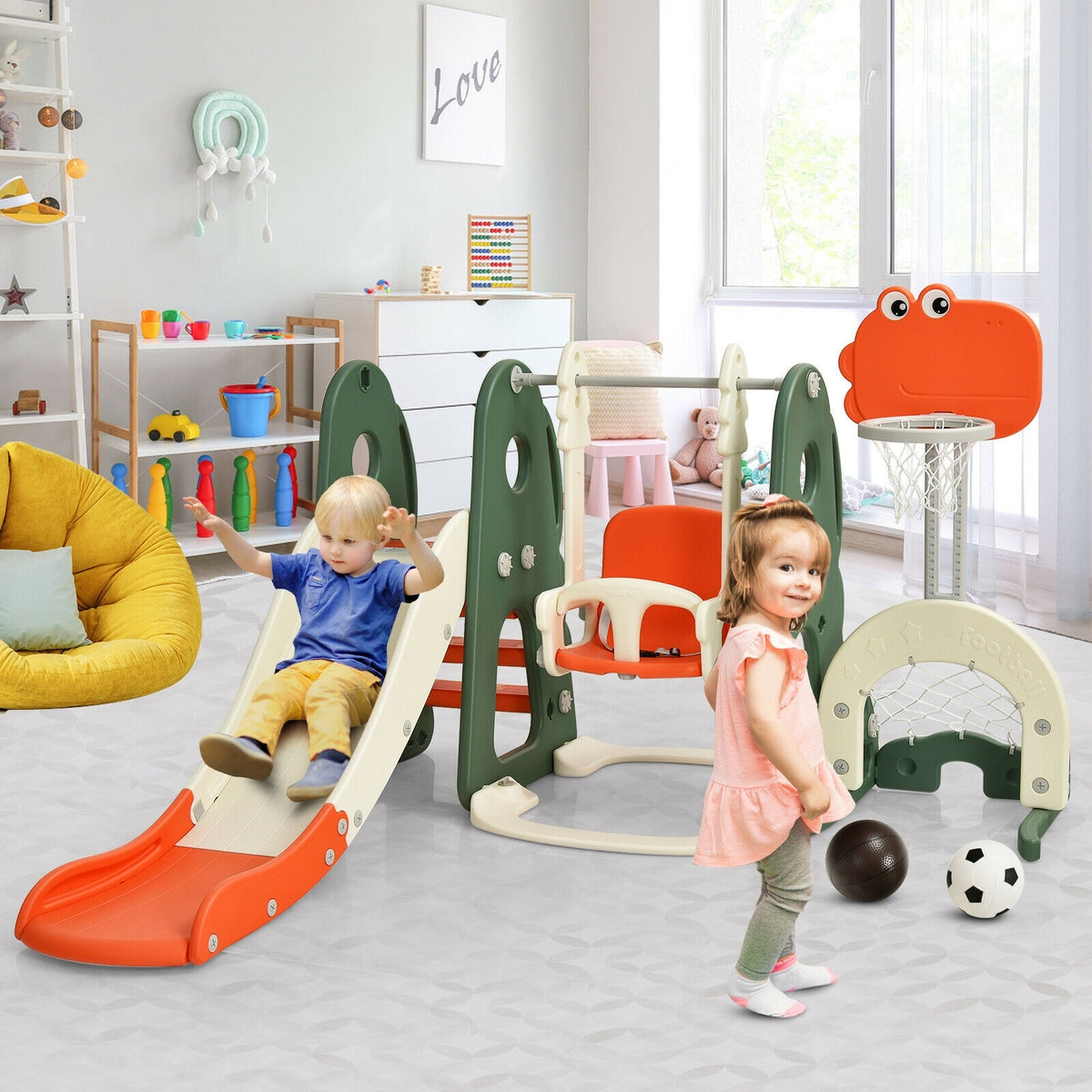 Ensemble toboggan et balançoire 6-en-1 pour jeunes enfants avec jeux de ballon
