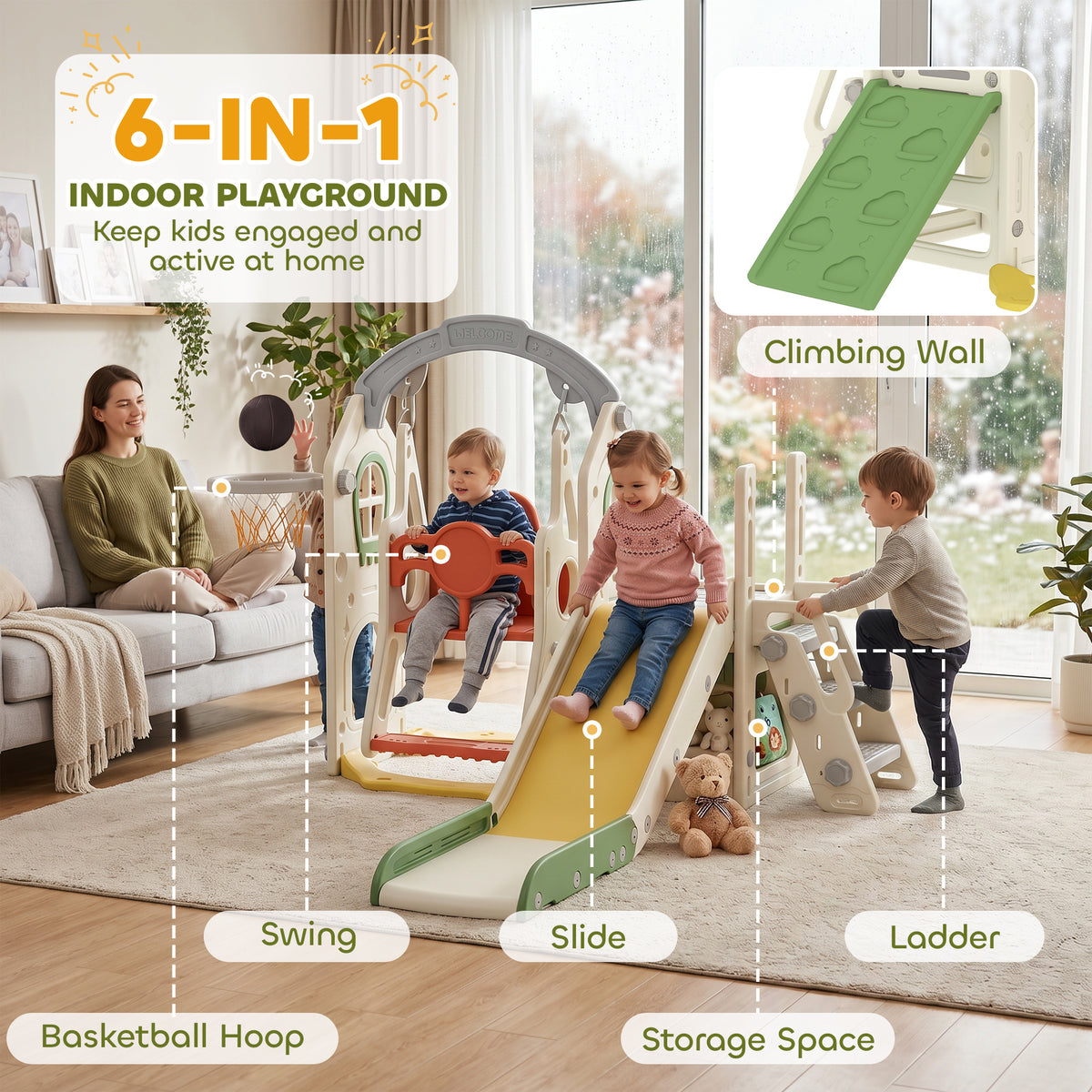 6-in-1 Toddler Slide and Swing Set with Basketball Hoop-Toys & Games > Kids Outdoor Play > Gym Sets & Swings-DECOROLALA