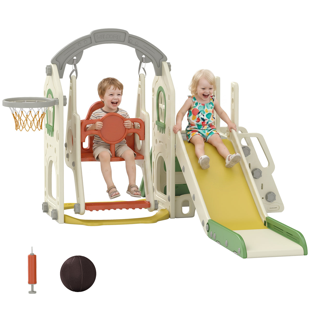 6-in-1 Toddler Slide and Swing Set with Adjustable Swing Seat, Ladder, Climbing Wall, Basketball Hoop for Indoor Outdoor-Toys & Games > Kids Outdoor Play > Gym Sets & Swings-DECOROLALA