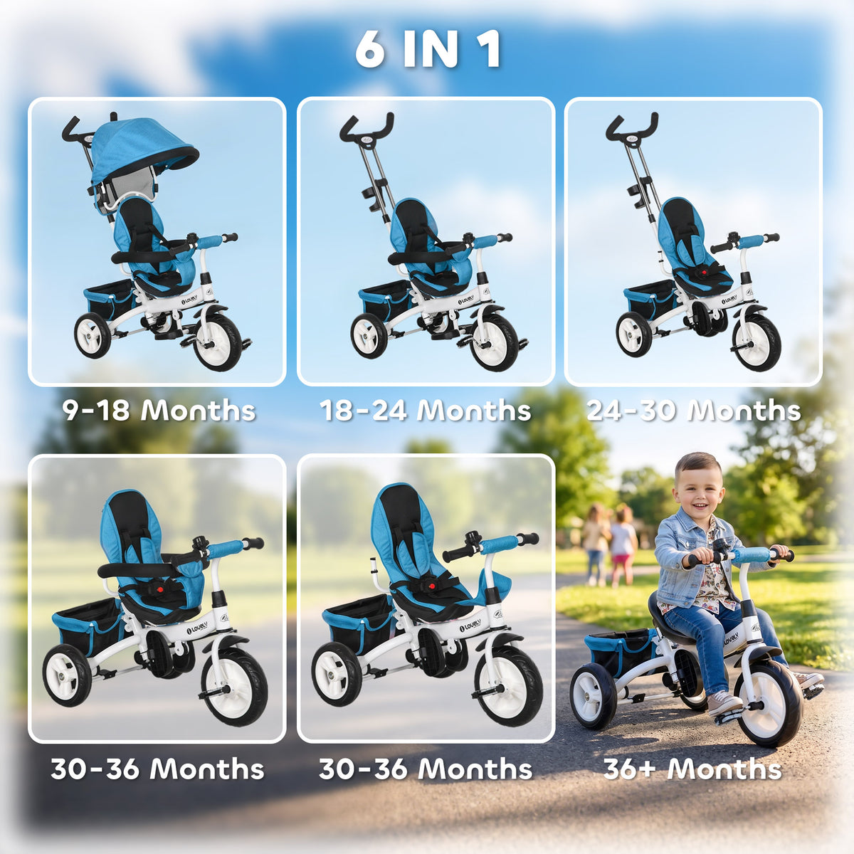 6 in 1 Toddler Tricycle Stroller with Basket, Canopy, 5-point Safety Harness, for 12-60 Months-Toys & Games > Baby & Toddler Toys > Riding & Rocking Toys > Tricycles for Kids-DECOROLALA