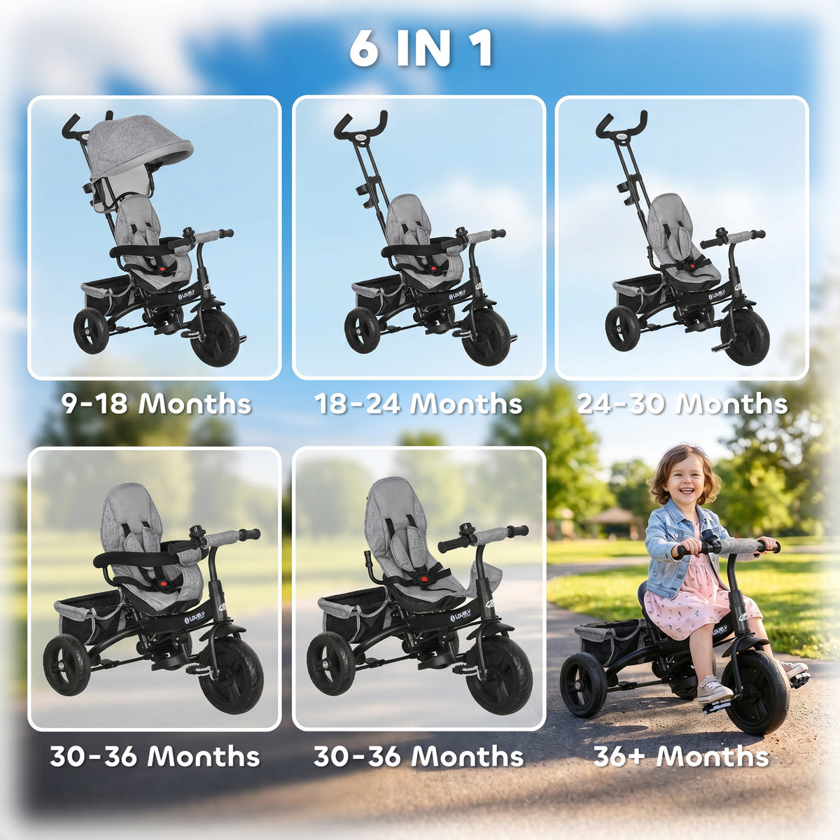 6 in 1 Toddler Tricycle Stroller with Basket, Canopy, 5-point Safety Harness, for 12-60 Months-Toys & Games > Baby & Toddler Toys > Riding & Rocking Toys > Tricycles for Kids-DECOROLALA