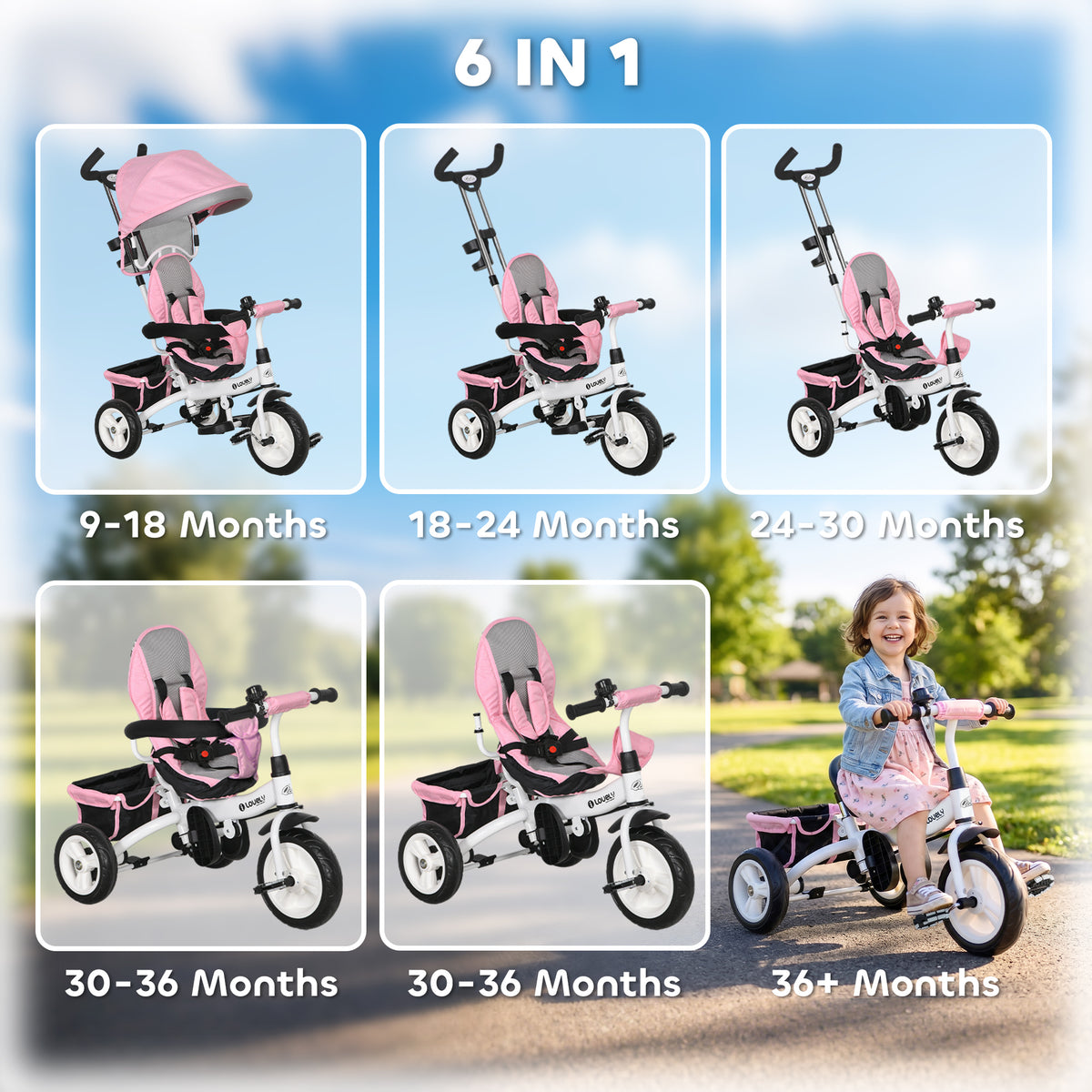 6 in 1 Toddler Tricycle Stroller with Basket, Canopy, 5-point Safety Harness, for 12-60 Months-Toys & Games > Baby & Toddler Toys > Riding & Rocking Toys > Tricycles for Kids-DECOROLALA