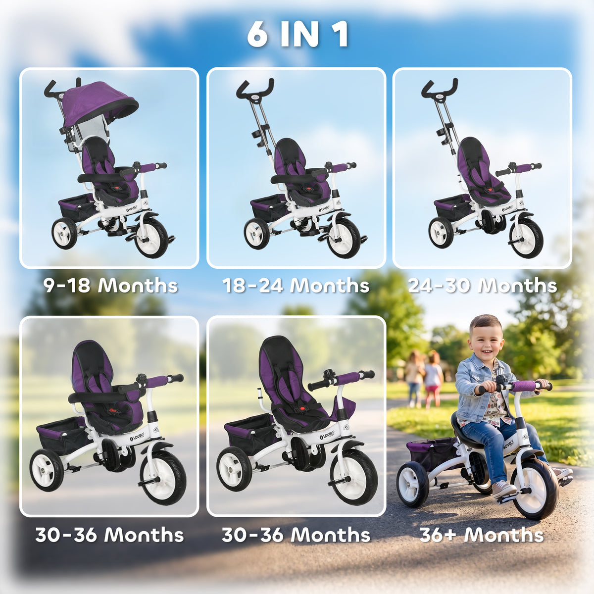 6 in 1 Toddler Tricycle Stroller with Basket, Canopy, 5-point Safety Harness, for 12-60 Months-Toys & Games > Baby & Toddler Toys > Riding & Rocking Toys > Tricycles for Kids-DECOROLALA