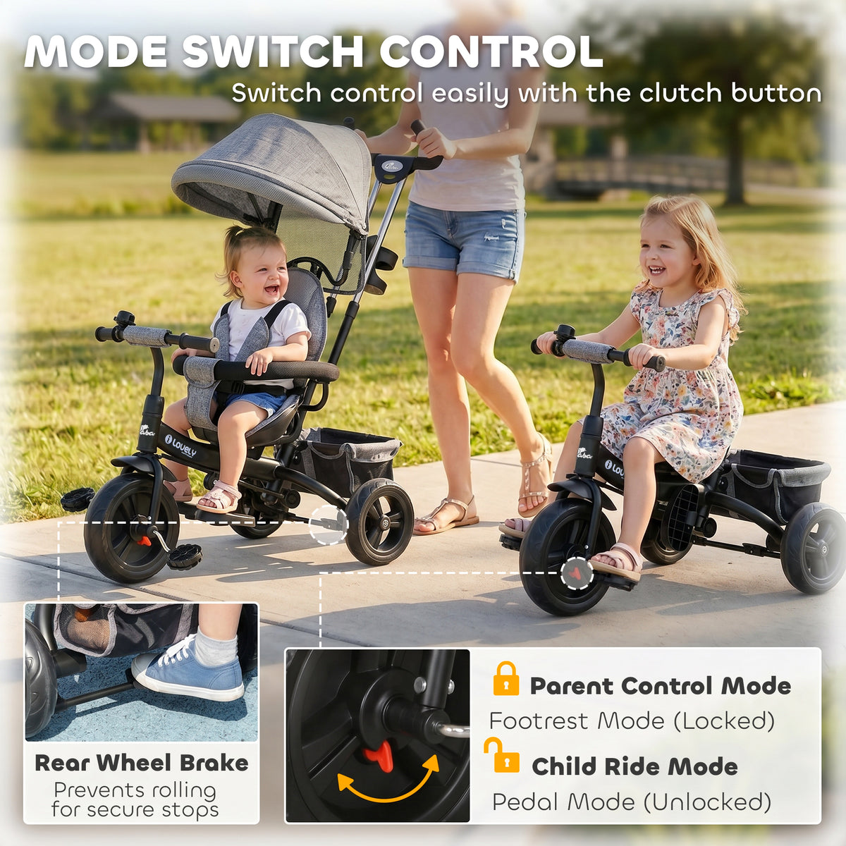 6 in 1 Toddler Tricycle Stroller with Basket, Canopy, 5-point Safety Harness, for 12-60 Months-Toys & Games > Baby & Toddler Toys > Riding & Rocking Toys > Tricycles for Kids-DECOROLALA