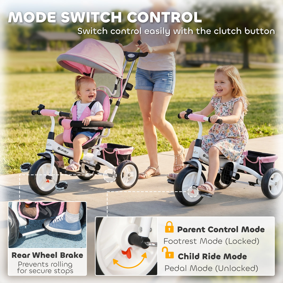 6 in 1 Toddler Tricycle Stroller with Basket, Canopy, 5-point Safety Harness, for 12-60 Months-Toys & Games > Baby & Toddler Toys > Riding & Rocking Toys > Tricycles for Kids-DECOROLALA