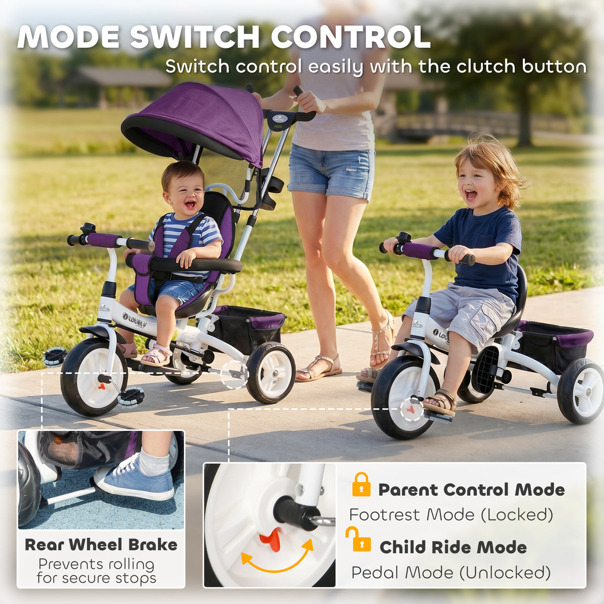 6 in 1 Toddler Tricycle Stroller with Basket, Canopy, 5-point Safety Harness, for 12-60 Months-Toys & Games > Baby & Toddler Toys > Riding & Rocking Toys > Tricycles for Kids-DECOROLALA
