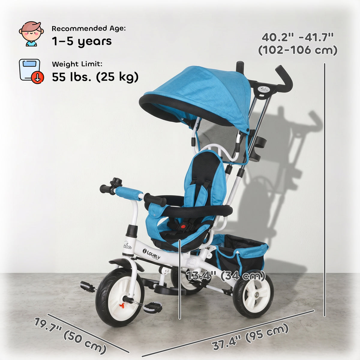 6 in 1 Toddler Tricycle Stroller with Basket, Canopy, 5-point Safety Harness, for 12-60 Months-Toys & Games > Baby & Toddler Toys > Riding & Rocking Toys > Tricycles for Kids-DECOROLALA
