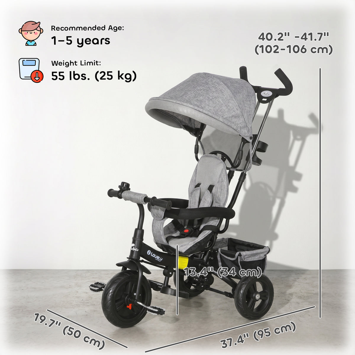6 in 1 Toddler Tricycle Stroller with Basket, Canopy, 5-point Safety Harness, for 12-60 Months-Toys & Games > Baby & Toddler Toys > Riding & Rocking Toys > Tricycles for Kids-DECOROLALA