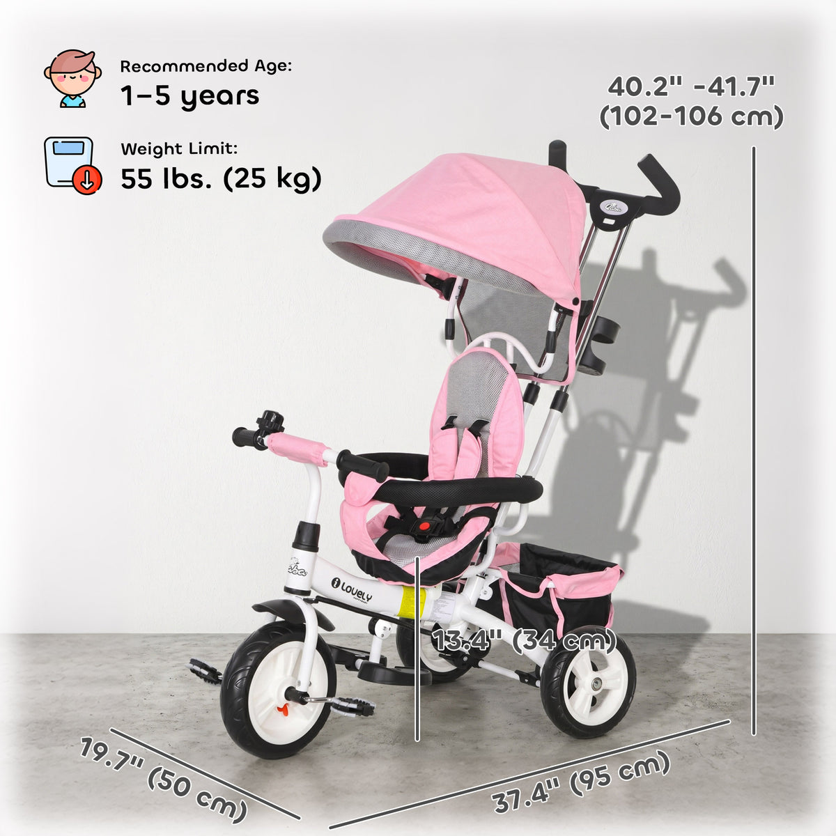 6 in 1 Toddler Tricycle Stroller with Basket, Canopy, 5-point Safety Harness, for 12-60 Months-Toys & Games > Baby & Toddler Toys > Riding & Rocking Toys > Tricycles for Kids-DECOROLALA
