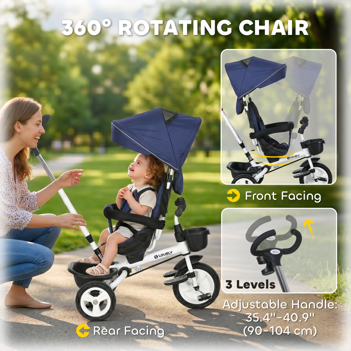 6 in 1 Toddler Tricycle with Parent Push Handle, Canopy, Storage Baskets, Cupholder, Dark-Toys & Games > Baby & Toddler Toys > Riding & Rocking Toys > Tricycles for Kids-DECOROLALA