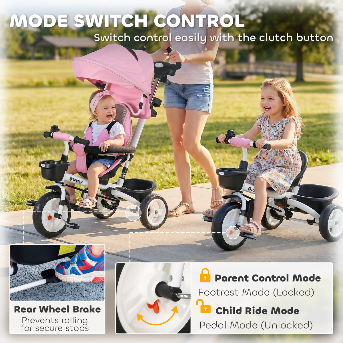 6 in 1 Toddler Tricycle with Parent Push Handle, Canopy, Storage Baskets, Cupholder, Dark-Toys & Games > Baby & Toddler Toys > Riding & Rocking Toys > Tricycles for Kids-DECOROLALA
