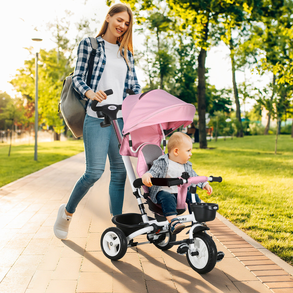 6 in 1 Toddler Tricycle with Parent Push Handle, Canopy, Storage Baskets, Cupholder, Dark-Toys & Games > Baby & Toddler Toys > Riding & Rocking Toys > Tricycles for Kids-DECOROLALA