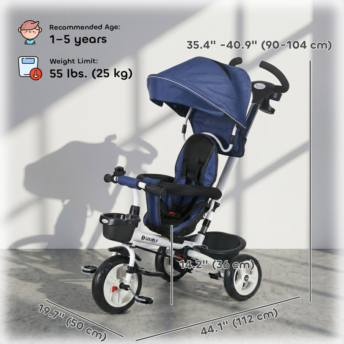6 in 1 Toddler Tricycle with Parent Push Handle, Canopy, Storage Baskets, Cupholder, Dark-Toys & Games > Baby & Toddler Toys > Riding & Rocking Toys > Tricycles for Kids-DECOROLALA