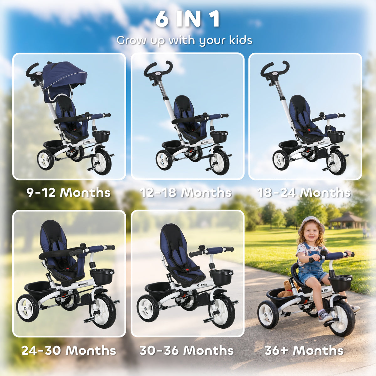 6 in 1 Toddler Tricycle with Parent Push Handle, Canopy, Storage Baskets, Cupholder, Dark-Toys & Games > Baby & Toddler Toys > Riding & Rocking Toys > Tricycles for Kids-DECOROLALA