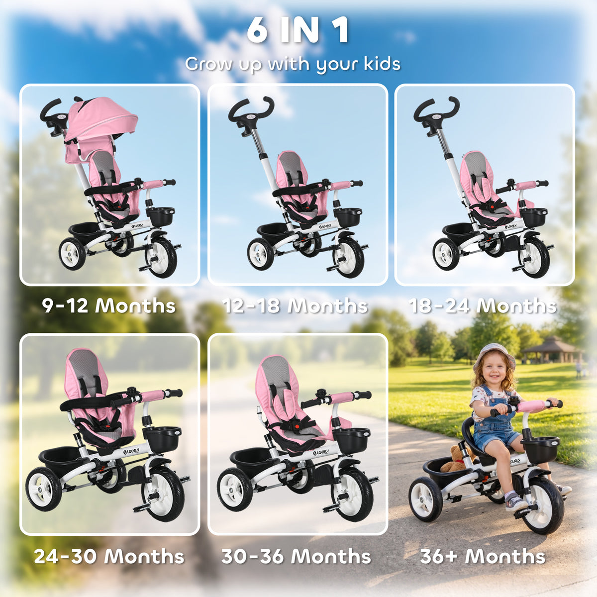 6 in 1 Toddler Tricycle with Parent Push Handle, Canopy, Storage Baskets, Cupholder, Dark-Toys & Games > Baby & Toddler Toys > Riding & Rocking Toys > Tricycles for Kids-DECOROLALA