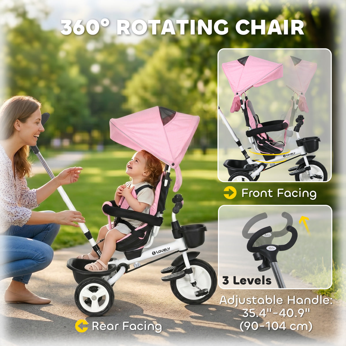 6 in 1 Toddler Tricycle with Parent Push Handle, Canopy, Storage Baskets, Cupholder, Dark-Toys & Games > Baby & Toddler Toys > Riding & Rocking Toys > Tricycles for Kids-DECOROLALA
