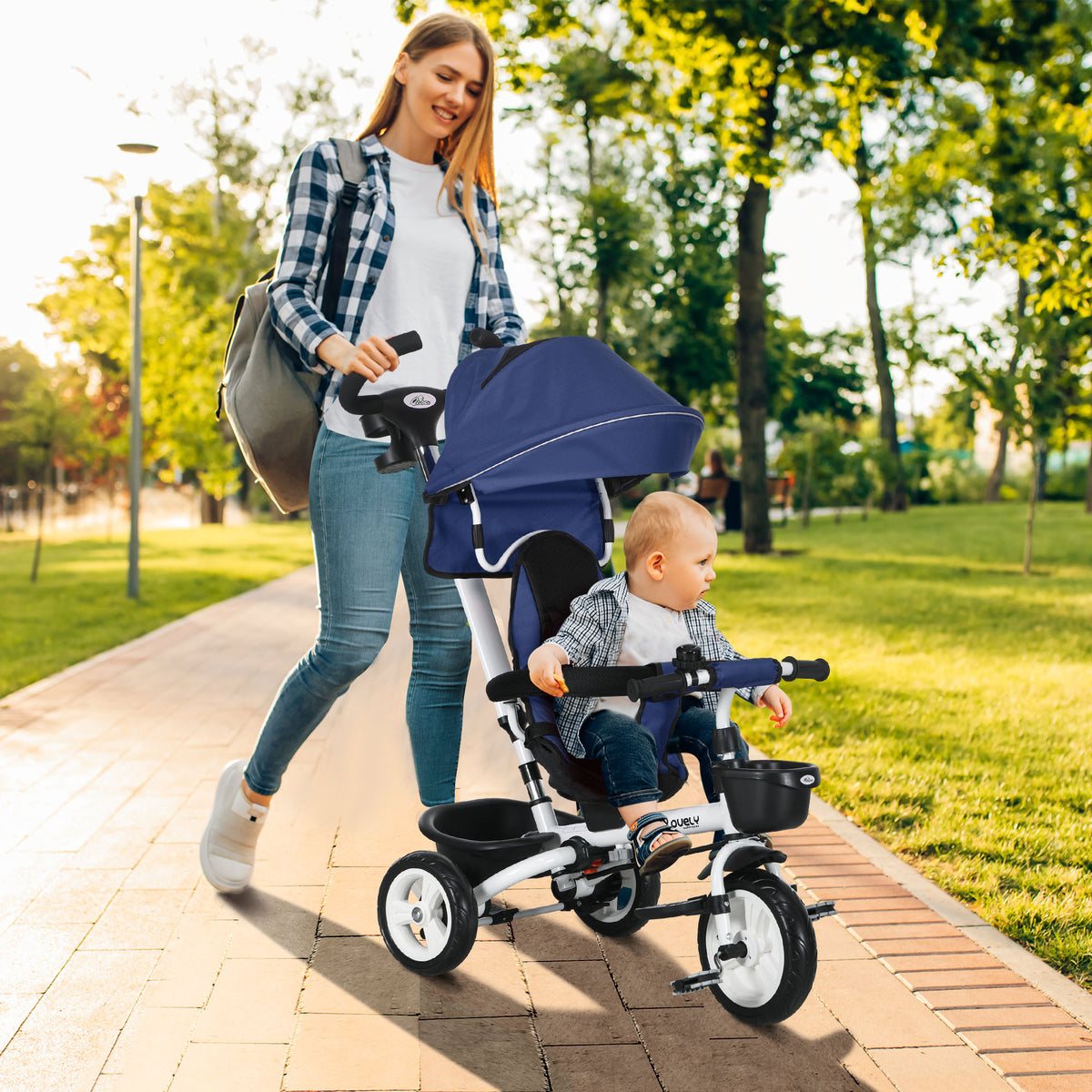 6 in 1 Toddler Tricycle with Parent Push Handle, Canopy, Storage Baskets, Cupholder, Dark-Toys & Games > Baby & Toddler Toys > Riding & Rocking Toys > Tricycles for Kids-DECOROLALA