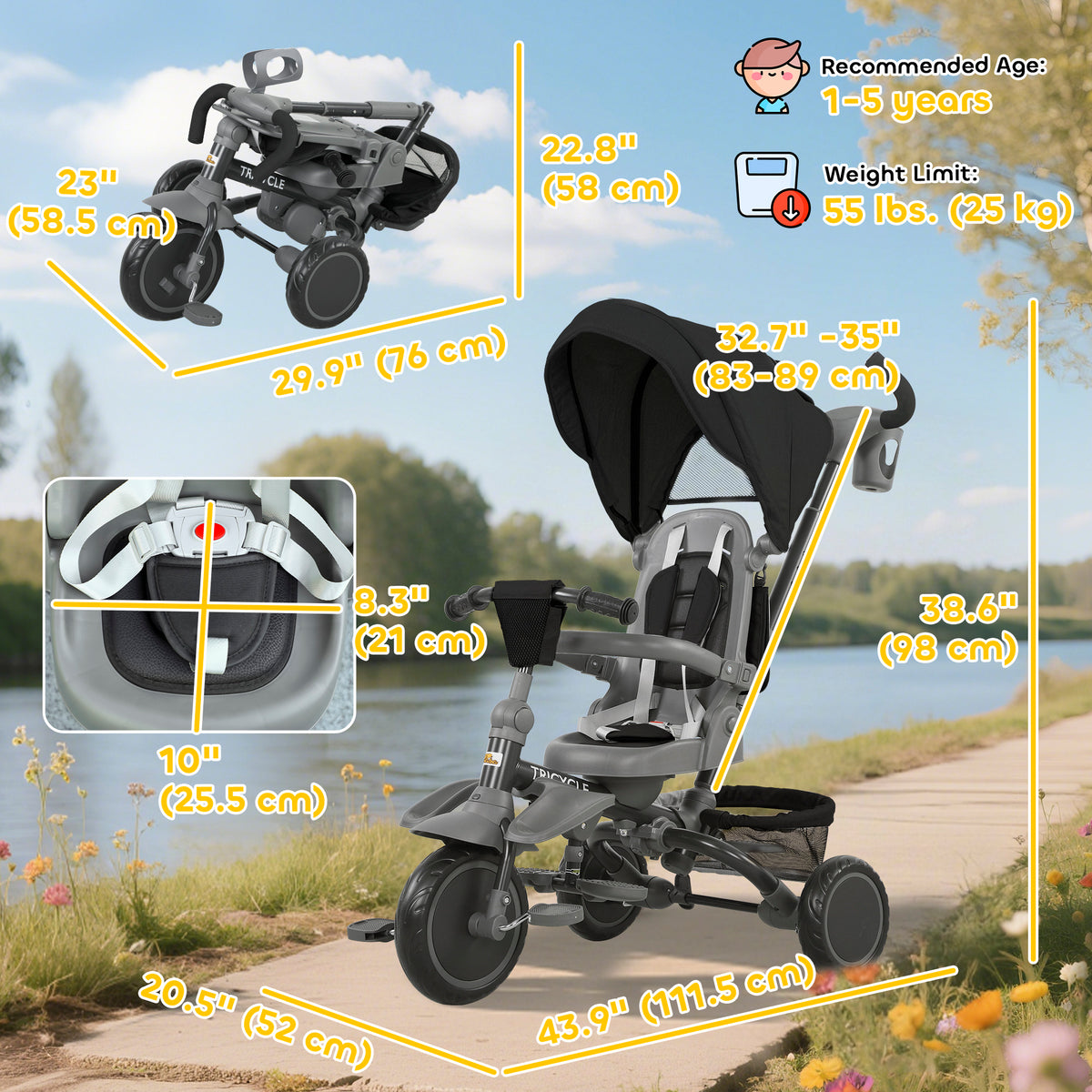 6 in 1 Toddler Tricycle for 1-5 Years Old with Push Handle, Removable Canopy, Rotatable Seat-Toys & Games > Baby & Toddler Toys > Riding & Rocking Toys > Tricycles for Kids-DECOROLALA