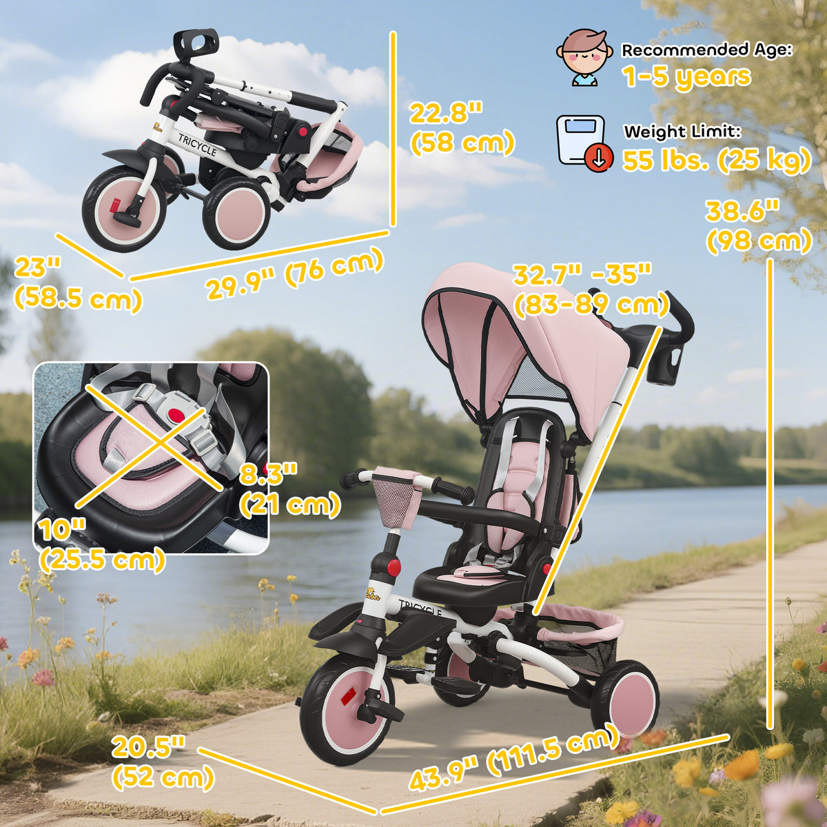 6 in 1 Toddler Tricycle for 1-5 Years Old with Push Handle, Removable Canopy, Rotatable Seat-Toys & Games > Baby & Toddler Toys > Riding & Rocking Toys > Tricycles for Kids-DECOROLALA