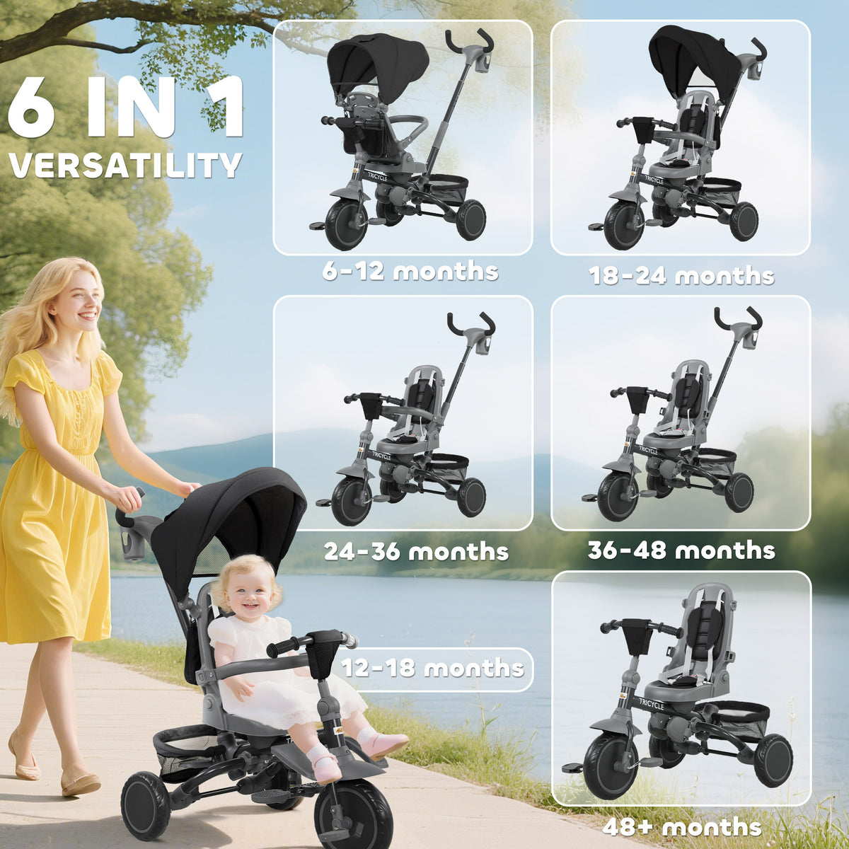 6 in 1 Toddler Tricycle for 1-5 Years Old with Push Handle, Removable Canopy, Rotatable Seat-Toys & Games > Baby & Toddler Toys > Riding & Rocking Toys > Tricycles for Kids-DECOROLALA