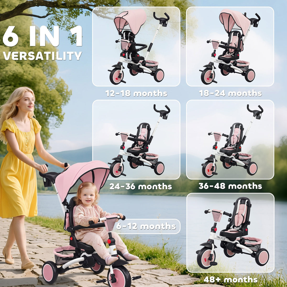6 in 1 Toddler Tricycle for 1-5 Years Old with Push Handle, Removable Canopy, Rotatable Seat-Toys & Games > Baby & Toddler Toys > Riding & Rocking Toys > Tricycles for Kids-DECOROLALA