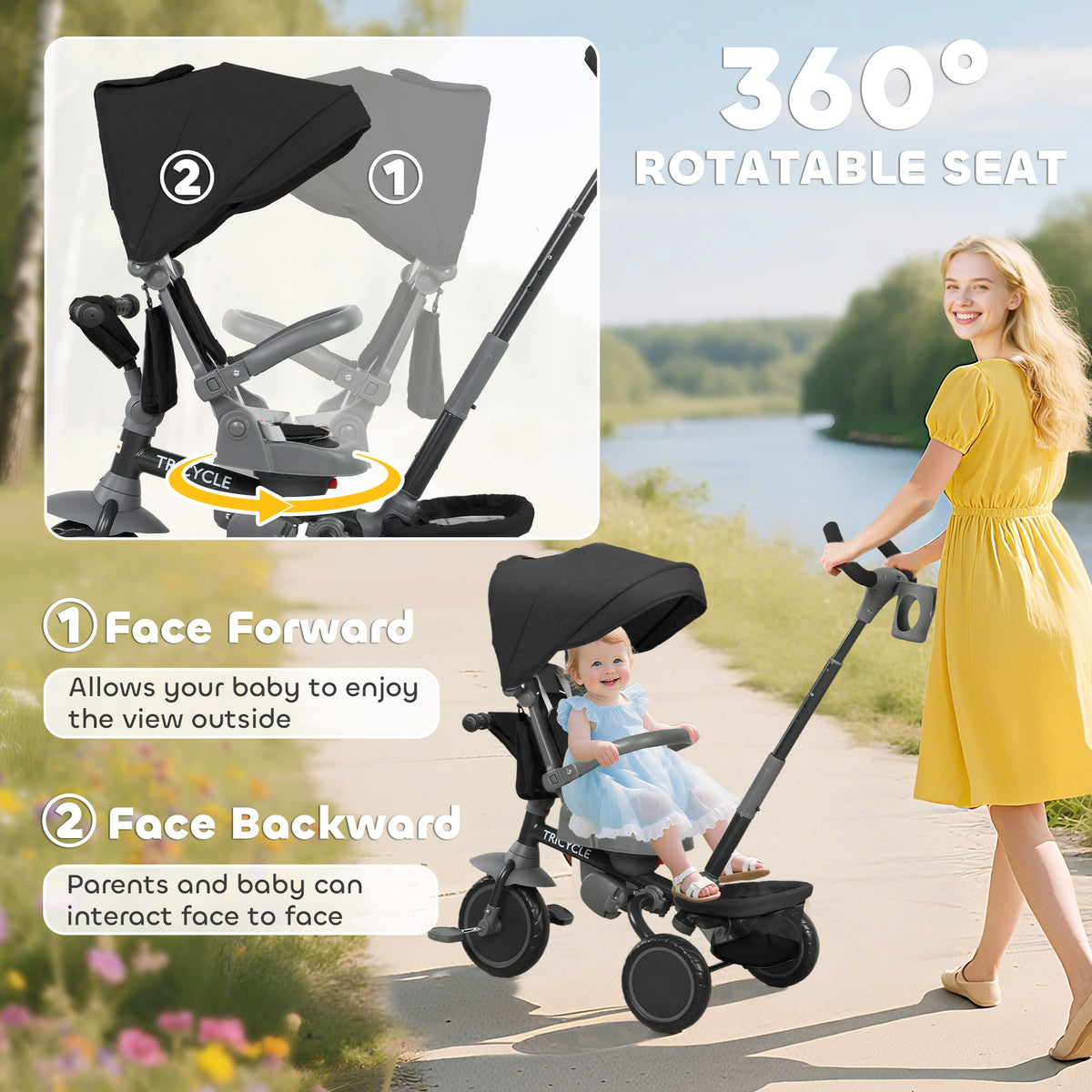 6 in 1 Toddler Tricycle for 1-5 Years Old with Push Handle, Removable Canopy, Rotatable Seat-Toys & Games > Baby & Toddler Toys > Riding & Rocking Toys > Tricycles for Kids-DECOROLALA