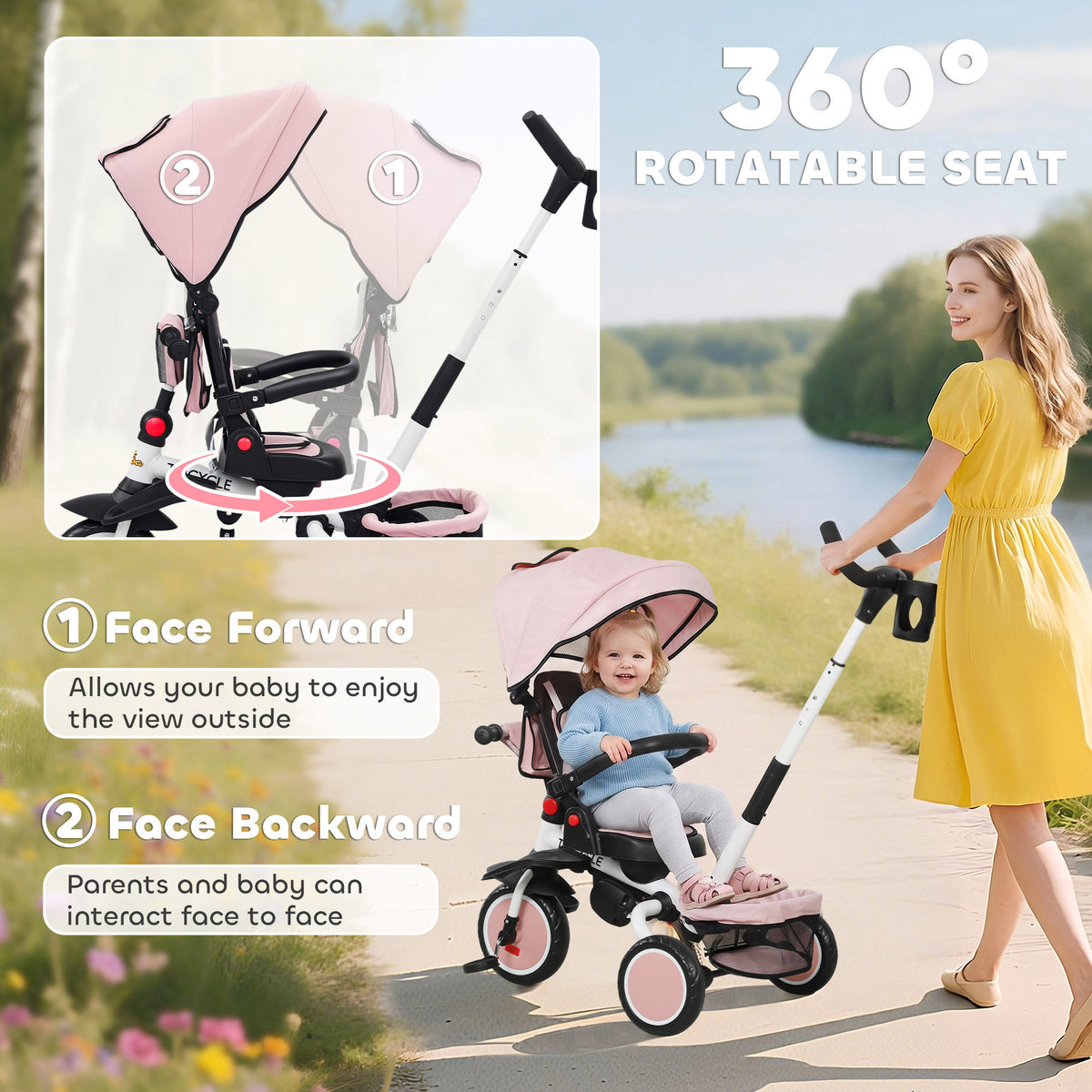 6 in 1 Toddler Tricycle for 1-5 Years Old with Push Handle, Removable Canopy, Rotatable Seat-Toys & Games > Baby & Toddler Toys > Riding & Rocking Toys > Tricycles for Kids-DECOROLALA
