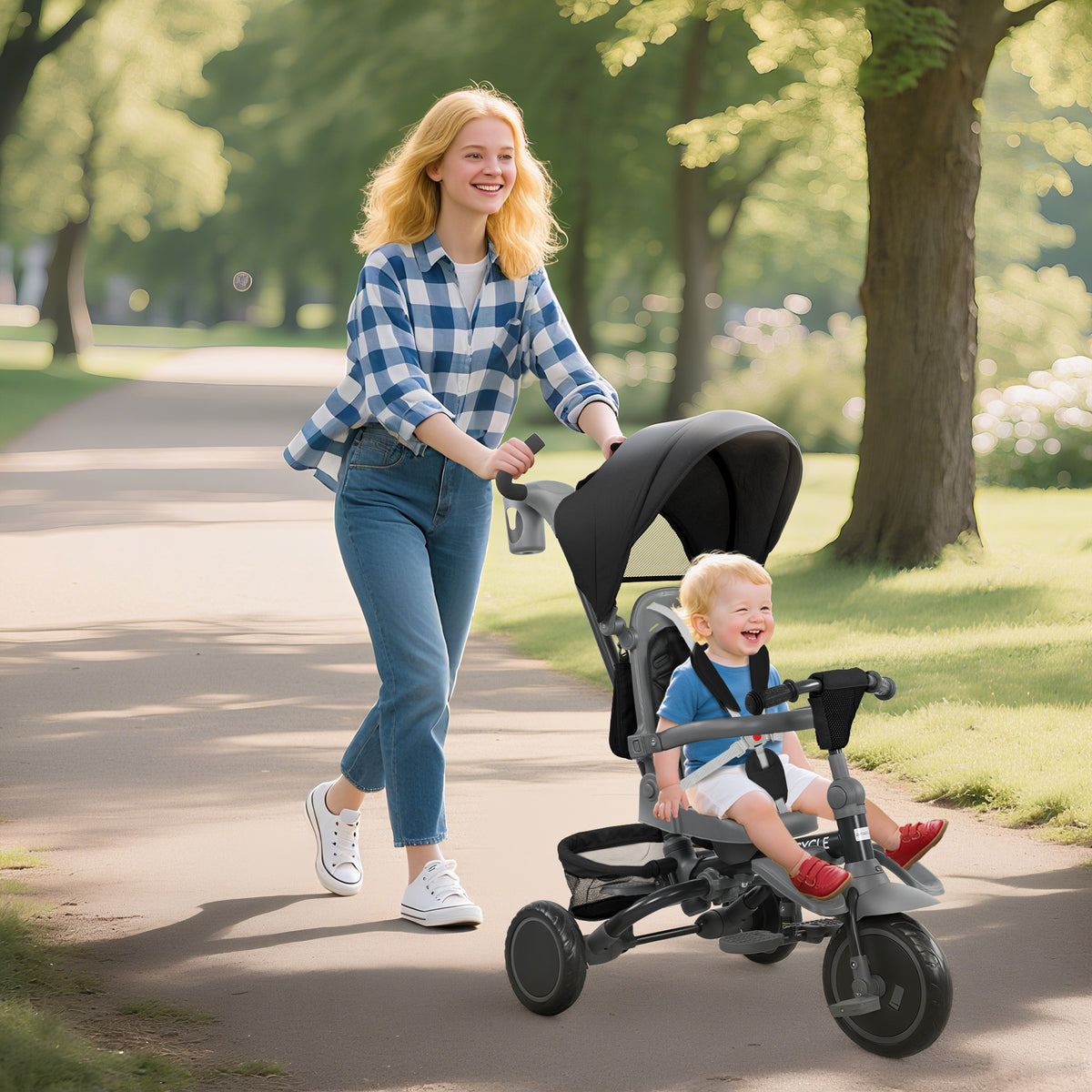 6 in 1 Toddler Tricycle for 1-5 Years Old with Push Handle, Removable Canopy, Rotatable Seat-Toys & Games > Baby & Toddler Toys > Riding & Rocking Toys > Tricycles for Kids-DECOROLALA