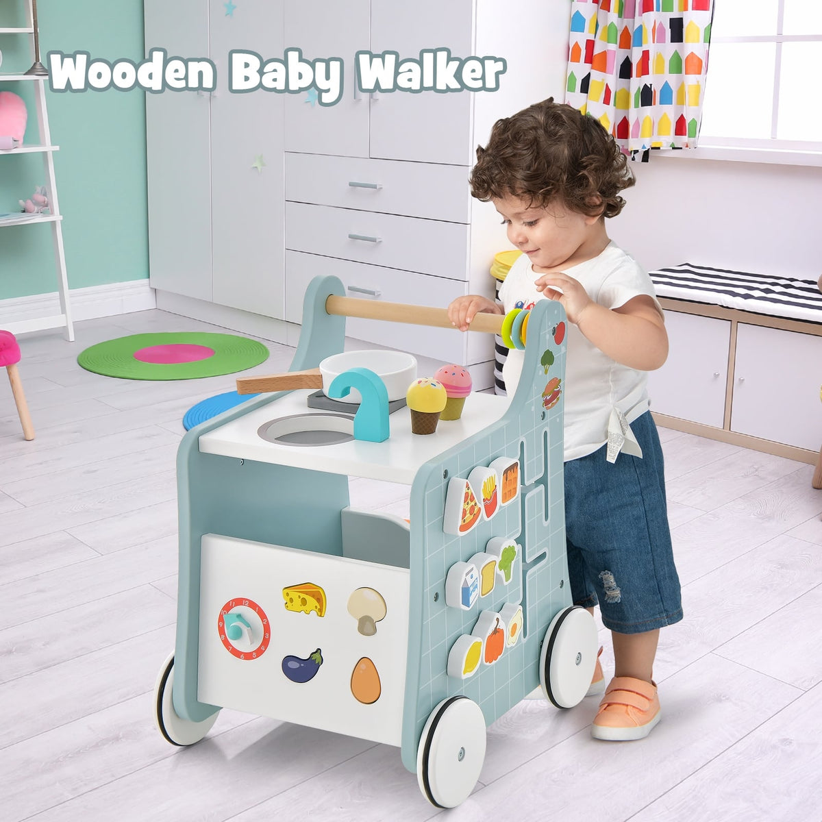 6-in-1 Wooden Baby Stroller with Play Kitchen for Kids Over 12 Months-Blue-Baby Walkers-DECOROLALA