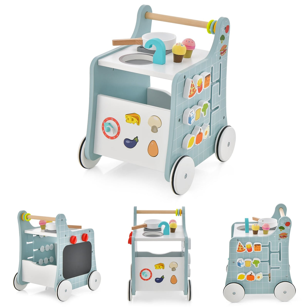 6-in-1 Wooden Baby Stroller with Play Kitchen for Kids Over 12 Months-Blue-Baby Walkers-DECOROLALA