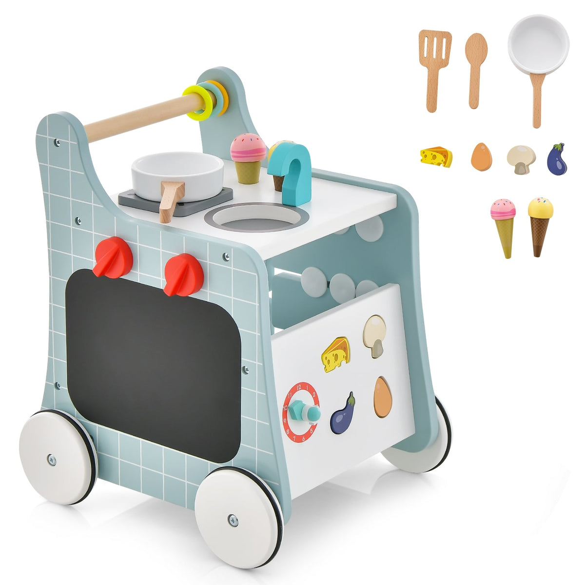 6-in-1 Wooden Baby Stroller with Play Kitchen for Kids Over 12 Months-Blue-Baby Walkers-DECOROLALA