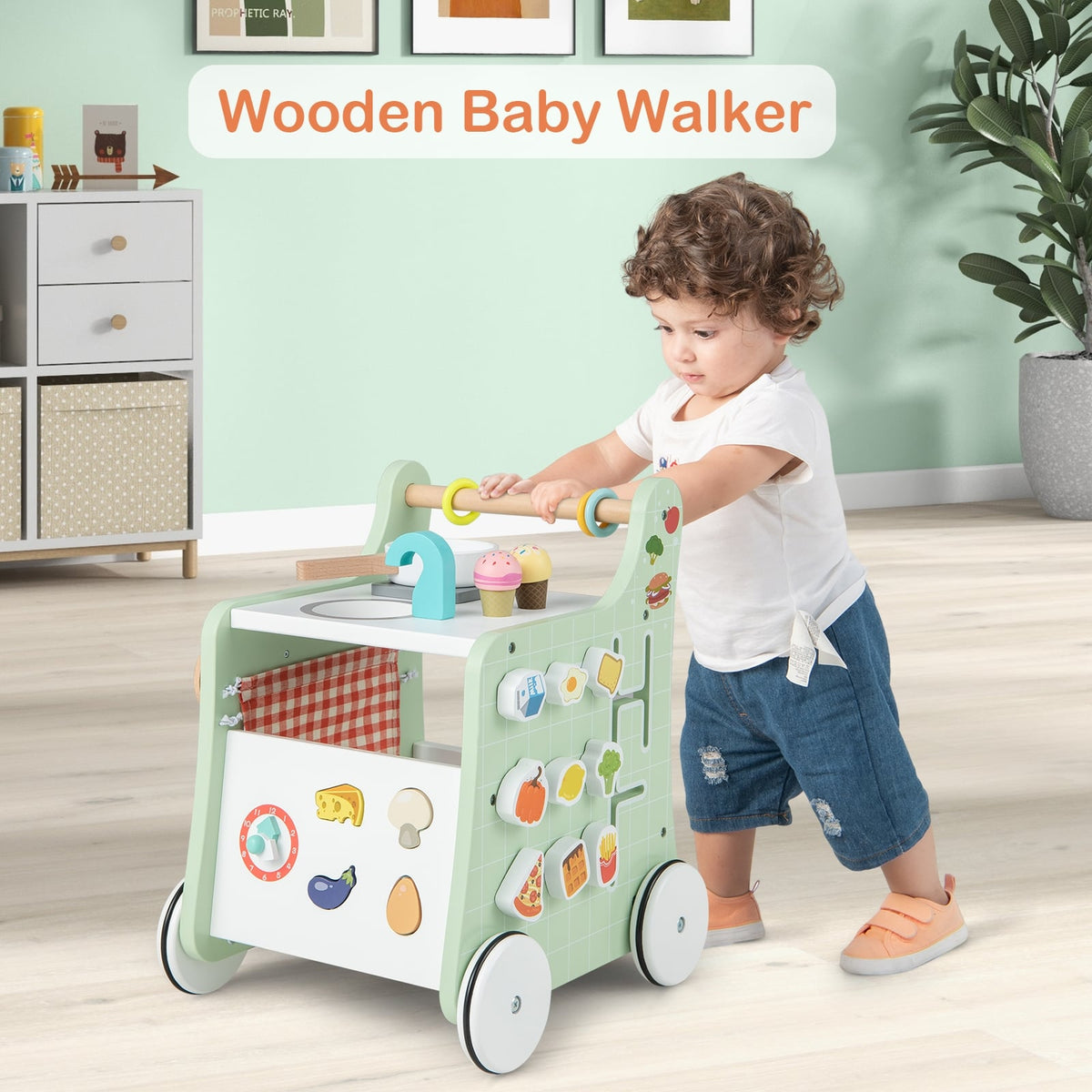 6-in-1 Wooden Baby Stroller with Play Kitchen for Kids Over 12 Months-Green-Baby Walkers-DECOROLALA