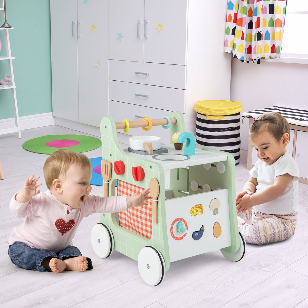 6-in-1 Wooden Baby Stroller with Play Kitchen for Kids Over 12 Months-Green-Baby Walkers-DECOROLALA