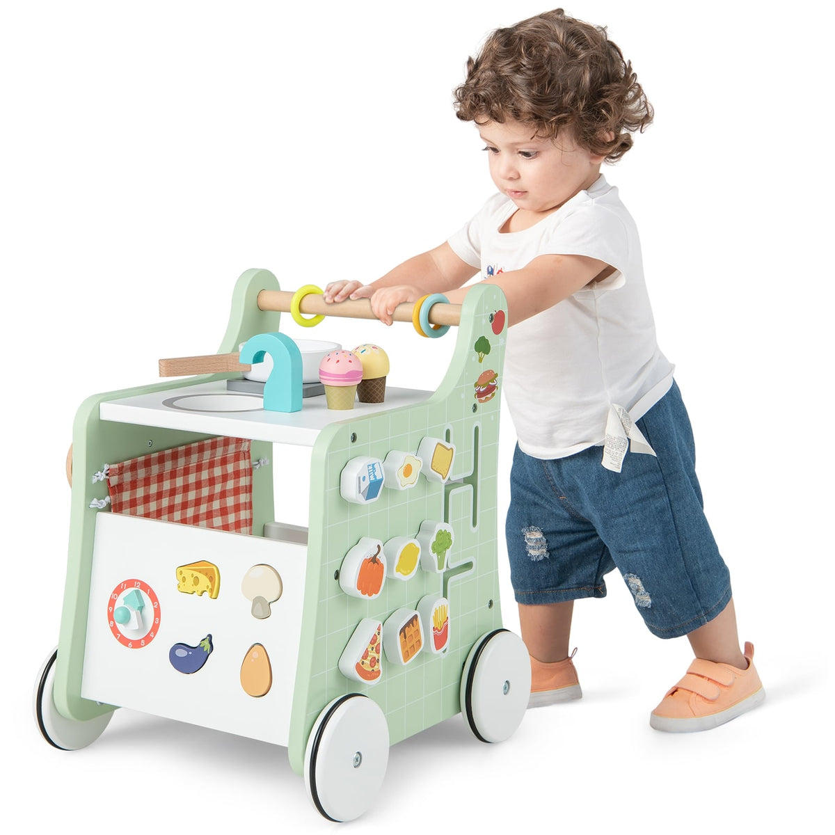 6-in-1 Wooden Baby Stroller with Play Kitchen for Kids Over 12 Months-Green-Baby Walkers-DECOROLALA