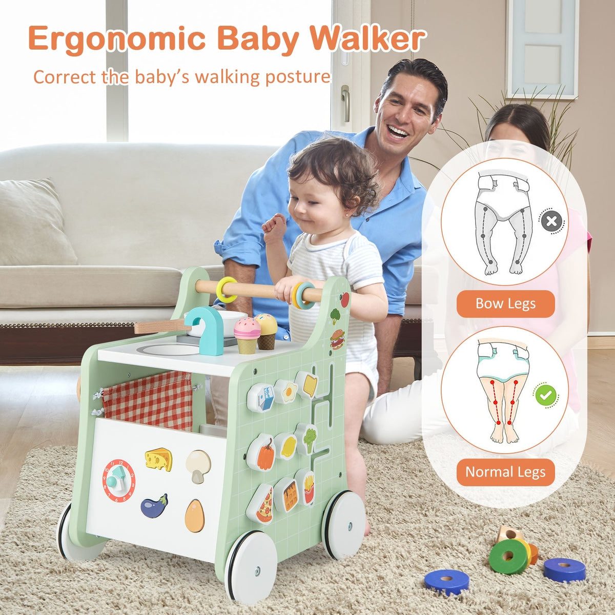 6-in-1 Wooden Baby Stroller with Play Kitchen for Kids Over 12 Months-Green-Baby Walkers-DECOROLALA