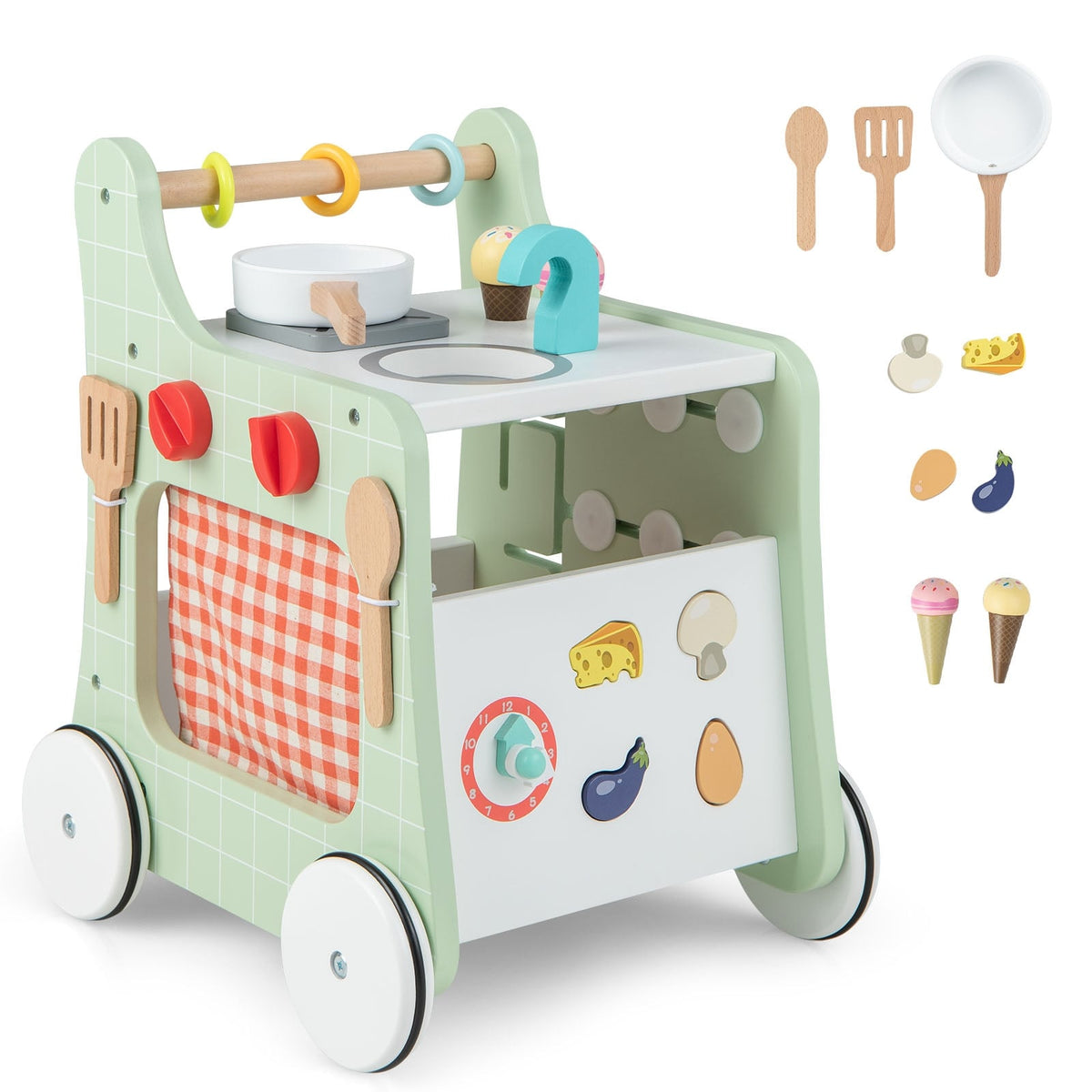 6-in-1 Wooden Baby Stroller with Play Kitchen for Kids Over 12 Months-Green-Baby Walkers-DECOROLALA