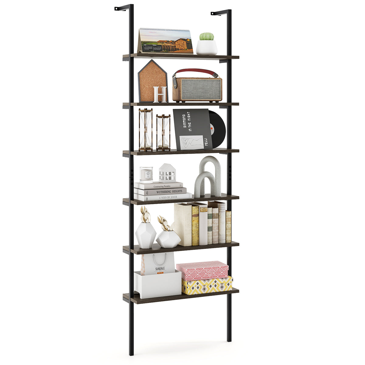 6-tier Ladder Shelf 72 Inches Industrial Wall Mounted Bookshelf-Oak-Bookcases-DECOROLALA
