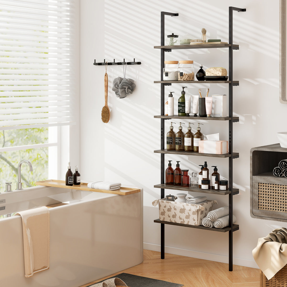 6-tier Ladder Shelf 72 Inches Industrial Wall Mounted Bookshelf-Oak-Bookcases-DECOROLALA
