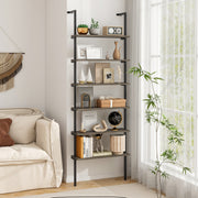 6-tier Ladder Shelf 72 Inches Industrial Wall Mounted Bookshelf-Oak-Bookcases-DECOROLALA